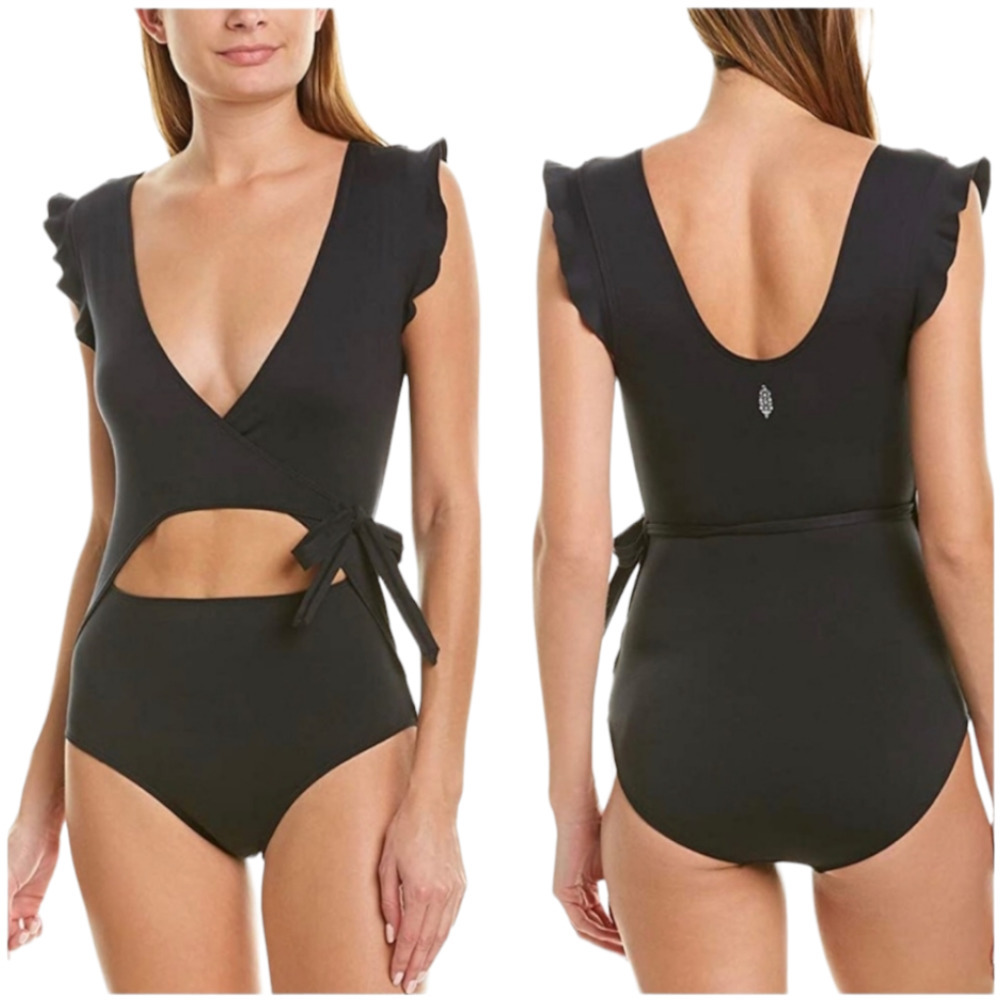 Free People Black Streamline Wrap Cutout Bodysuit S NEW Ruffled Flutter Sleeves